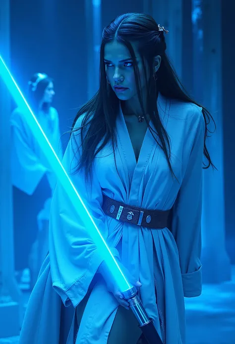 Girl, Jedi feminina,  Jedi, sabre de luz azul, Belo horror, extremely regal and intimidating, long brown hair, opaque blue lighting, slutty adjustable pale , jedi robes, your lightsaber for the spectator, POV being threatened,  warrior stance, 8k, UHD, Sta...