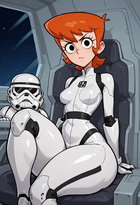 dextersmom, mature female, short hair, slightly curly hair, ginger, black eyes, big eyes, long eyelashes, small breasts, rounded breasts, narrow waist, thick thighs, gigantic hips, gigantic ass. | masterpiece, best quality, highres, absurdres, very awa, 1...