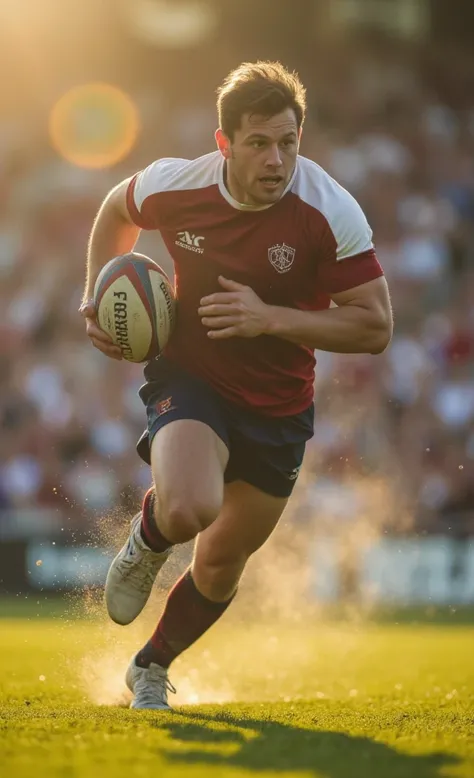 Premium Photo, top quality, Detailed Description, explosive running pose, rugby ball grip, powerful leg muscles, speed motion effects, determination in eyes, afternoon sun backlight, detailed skin textures, dynamic fabric movement, action perspective, crowd excitement blur, lens flare effects