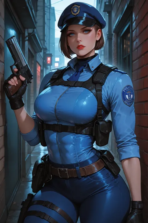 Jill Valentine sexy and sexy heroine in a police uniform (Resident Evil 3), esta em um beco, game walking slowly holding a pistol