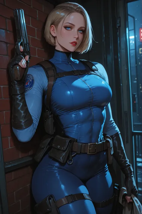 Jill valentine heroina sexy e sensual com uniforme especial (Resident Evil 3), esta em um beco, game walking slowly holding a pistol