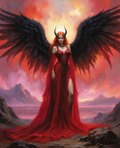 Done in Impressionist with hyper realistic details. A captivating figure emerges from a surreal landscape, embodying the essence of an ethereal being. Dark, resplendent wings adorned with intricate feathers spread majestically, framing an environment bathe...