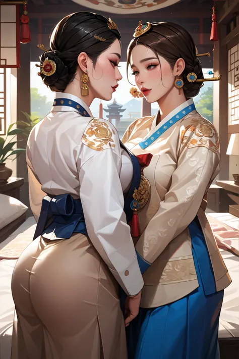 Two Sexy and Big-breasted Ancient Korean Ladies. Each has black hair, brown hair. Two women are facing each other. Korean Palace Queen's Room Background