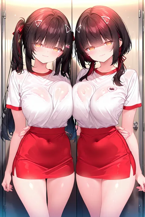 Virgin、twin tails、Hanako、Red Mini Skirt、魅惑的な笑顔、Big Breasts、dark haired、Short Height、 Lori figure、Standing and seducing