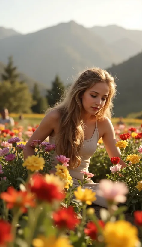 A breathtaking valley filled with endless colourful flowers, mountain range in the distance, glowing sunlight across the landscape. A beautiful nude girl with long flowing hair is gently picking flowers. A young teen girls is seen sitting under a blossomin...