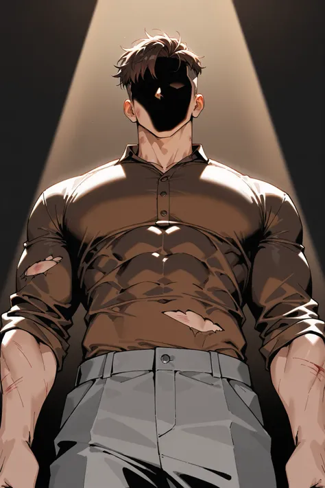 (very detailed:1.2, Masterpiece:1.2, PREMIUM QUALITY:1.2, high resolution on the coast:1.2), 1boy, brown hair, short hair with bangs that fall over the forehead and on both sides of the face, undercut, muscular male, big, tall, abs, brown shirt, torn, torn...