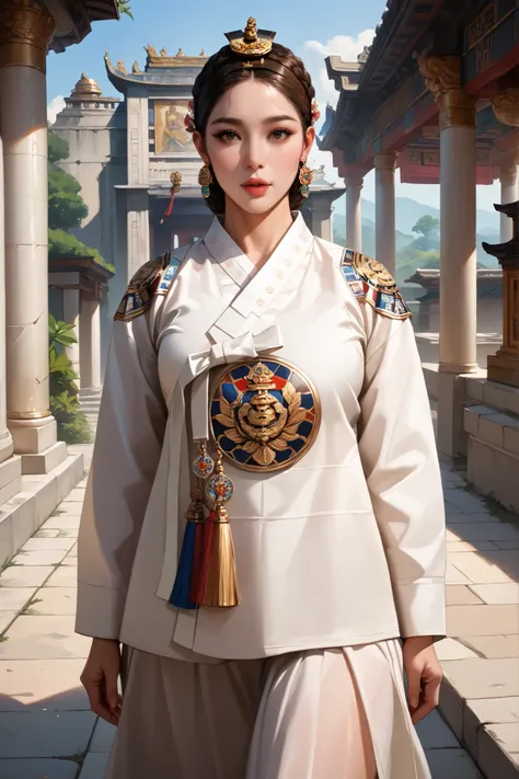 Sexy and Big Breasted Ancient Korean Milf. brown hair. I'm walking along the path of the ancient Korean Palace. ancient Korean palace background