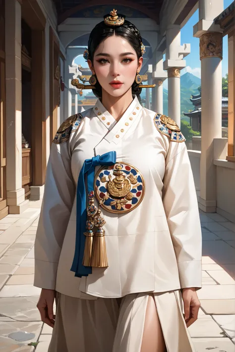 Sexy and Big Breasted Ancient Korean Milf. black hair. I'm walking along the path of the ancient Korean Palace. ancient Korean palace background