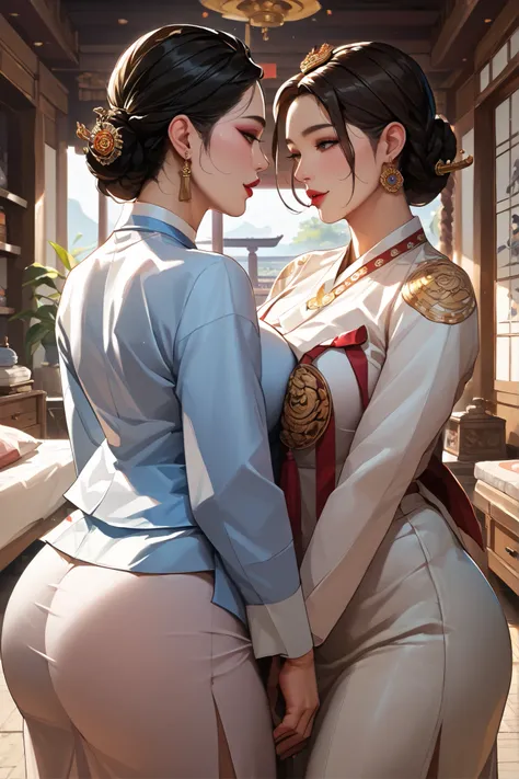 Two Sexy and Big-breasted Ancient Korean Ladies. Each has black hair, brown hair. Two women are facing each other. Korean Palace Queen's Room Background