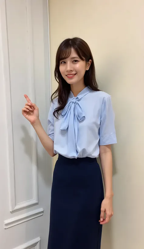 very beautiful Japanese newscaster's 、draw a stunning portrait . 25 year old Japanese、
light makeupで清楚な美人。
long face、Shape of eyebrows、light makeup。
medium length straight black hair。
gentle smile。
slender and delicate body、thin waist。
short sleeve ligh...