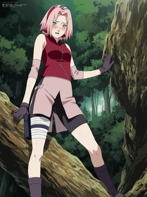 1girl,haruno sakura standing on wood, Posing in a sexy, seductive pose,look at viewer,bandaged thigh,nsfw,score_9,score_8_up,score_7_up,source anime,anime coloring,intricate details, , masterpiece,best quality,amazing quality,professional quality ,very aes...