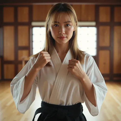 smile, Brown Ponytail,theme: Full breasts and wide, deep, Is cleavage,  highlighting her open-necked white kimono and、太もも真んmiddleより上まで届くぴったりとした黒いミニ袴を着ている, each hair strand rendered in photorealistic detail in her sleek straight ゴールドヘア falling just past her...