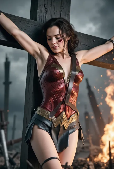 rain,Heavy rain,豪rain,In the midst of a storm,Full body soaked,my hair is soaked,dripping water,((crucifixion)),(cross),(execution),((incontinence)),Bruises on the face,facial scars,close ~ eye,sleeping face,syncope,((Woman in crucifixion at the cross:1.5)...