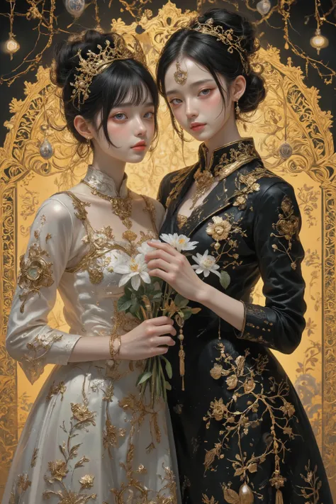 High Quality Portraits,Klimt's Artistic Style,Portrait of a royal sister,2 girls。sisters in sexy dresses with beautiful floral decorations,in a warm gold and black color scheme,delicate details,Professional Lighting Effects,Soft focus,bouquet,4K ultra high...