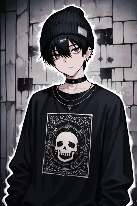 1boy, male focus, gothic male, black hair, piercings, beanie, masterpiece, best quality,absurdres , digital art style, drawn aesthetic, concept painting, ultrahigh definition,masterpiece, best quality, amazing quality, newest, very aesthetic,