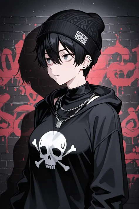 1boy, male focus, gothic male, black hair, piercings, beanie, masterpiece, best quality,absurdres , digital art style, drawn aesthetic, concept painting, ultrahigh definition,masterpiece, best quality, amazing quality, newest, very aesthetic, medium breast...