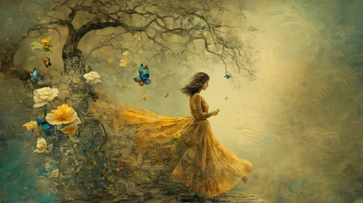 layered, a woman walking trought her memories, represented with a background texturized with decoupage, caligraphy, letters, whimsy mood, moody colors by Hans Zatzka with pattern