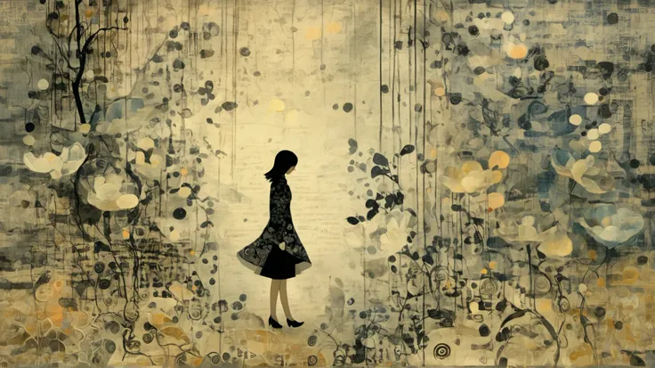 layered, a woman walking trought her memories, represented with a background texturized with decoupage, caligraphy, letters, whimsy mood, moody colors by Makoto Kobayashi with pattern