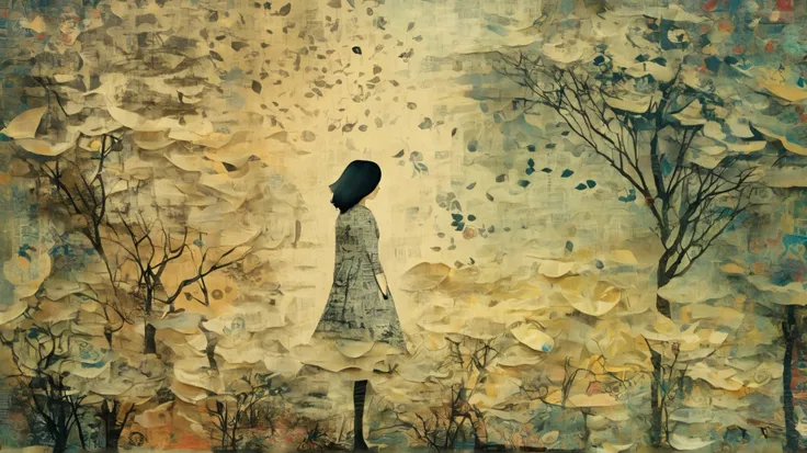 layered, a woman walking trought her memories, represented with a background texturized with decoupage, caligraphy, letters, whimsy mood, moody colors by Makoto Kobayashi with pattern