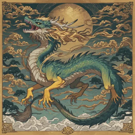 masterpiece, ultra-HD, impressionism, high detail, best quality, very aesthetic, 8K, best quality, beautiful, ultra-high resolution, 32K UHD, 4ki4k4ne_illu, 1Eastern dragon, feral, solo, beast, black sclera, yellow eyes, slit pupils, green scales, yellow s...