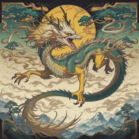 masterpiece, ultra-HD, impressionism, high detail, best quality, very aesthetic, 8K, best quality, beautiful, ultra-high resolution, 32K UHD, 4ki4k4ne_illu, 1Eastern dragon, feral, solo, beast, black sclera, yellow eyes, slit pupils, green scales, yellow s...