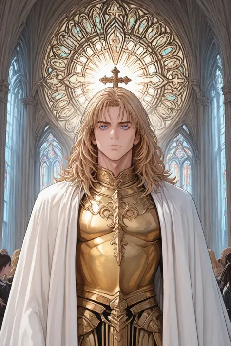 alta qualidade, obra-prima, detailed photograph, noble male warrior in ornate golden armor, serene male face with strong and defined features, long and wavy blonde hair, bright blue eyes, imposing and dignified posture, sacred armor with details of crosses...