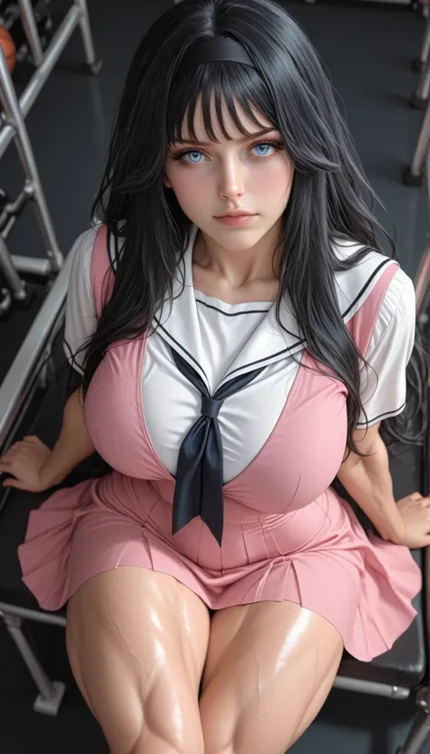 waguri kaoruko, black hairband, black hairband, school uniform, pink dress, white sailor collar, white shirt, serafuku, petite anime girl, black hair, long hair, blue eyes, wearing a refined, huge breasts, wide curvy hips, thick muscular thighs, muscular b...