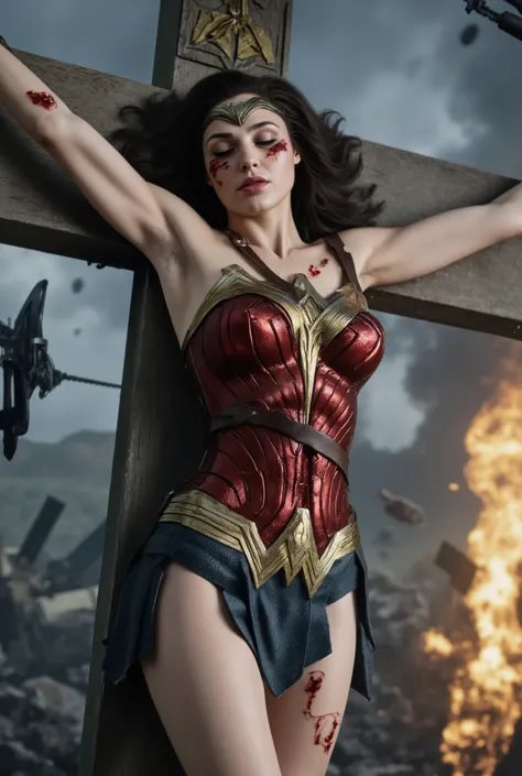 rain,Heavy rain,豪rain,In the midst of a storm,Full body soaked,my hair is soaked,dripping water,((crucifixion)),(cross),(execution),((incontinence)),Bruises on the face,facial scars,close ~ eye,sleeping face,syncope,((Woman in crucifixion at the cross:1.5)...