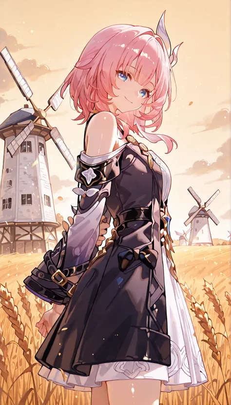 masterpiece, 1girl, rating:g, cyrene_\(honkai_star_rail\), cowboy shot, smiling, close mouth, long hair, arms_at_back, leaning_to_the_side, side view, head tilt, look at viewer, yellow sky, wheat field, windmill:0,7, (three_quarter_view: 1.2), (absurdres :...