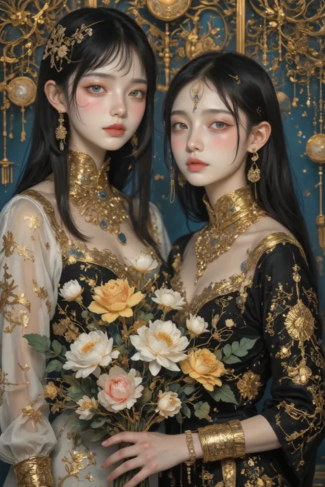 Ultra-high-quality portrait in the artistic style of Gustav Klimt, but with a photorealistic approach. Two royal sisters with black hair, portrayed with natural, lifelike facial features and realistic skin texture. They wear elegant dresses accented with f...