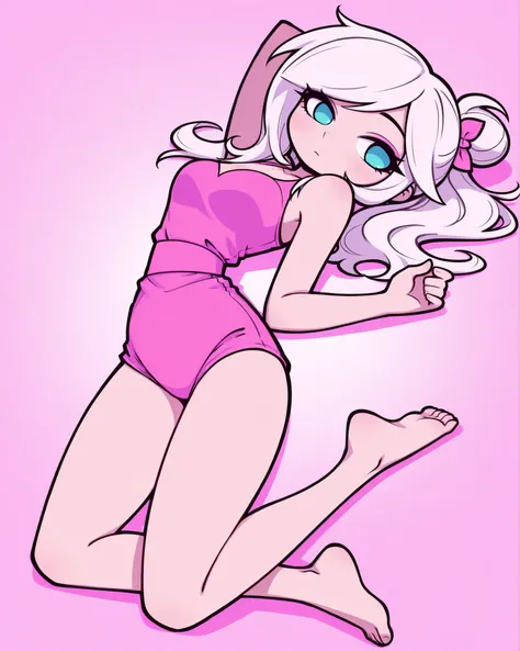 CartoonyIllustrious, Barbie style girl, shojo style, girl lying back, legs extended toward, feet in strong focus, pastel background