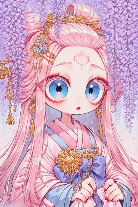 (edanoma_meu_illu,) a Japanese girl with pastel peach skin. she has a mature busty figure. She has a scarlet lotus sigil on her forehead. She has delicate Japanese makeup and red lips with gloss. She has violet-blue eyes. She has pink eyebrows and pink ...