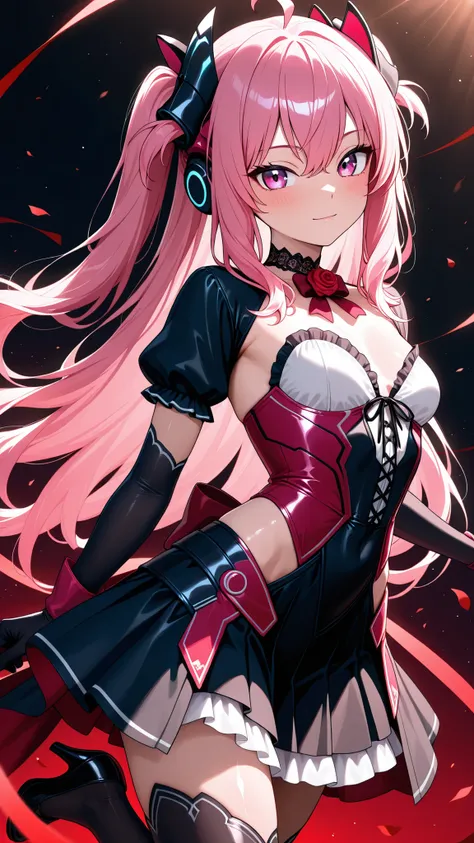 solo, grace_sveg, pink hair, Tight waist、Small waist、shiny Skin ,  (upper body), light smile,  gothic doll theme, shoulderless black velvet blouse with layered puff sleeves, deep red ribbon brooch, shiny black satin waist-cinching corset, bell-shaped doubl...