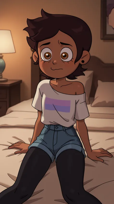 Best quality, performance skills, detailing, Luz in a playful pose on the bed, short brown hair in a mess, brown eyes look with slight audacity, dark skin in warm light, the sweatshirt slid off one shoulder, layered purple and white T-shirt upper, tight de...