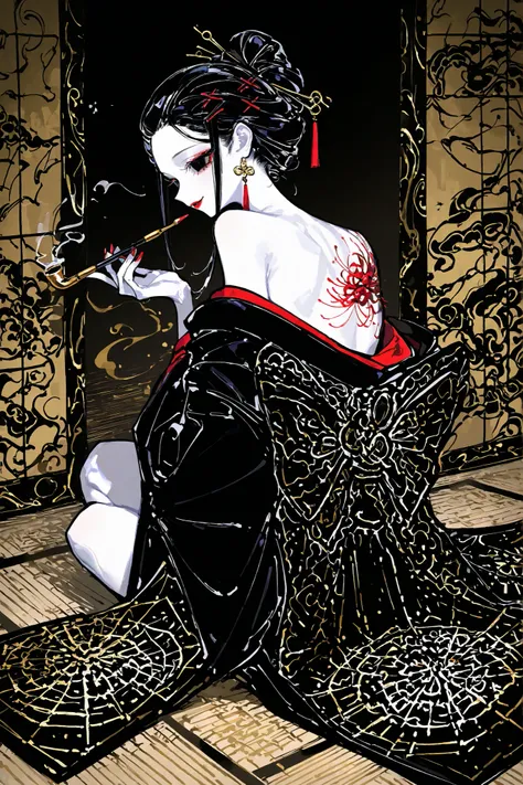 tall Japanese girl with white skin. She has red lipstick. she smiles slyly. She has jet black narrow eyes. she has red manicure and pedicure. She is half-naked wearing a black and purple kimono,embroidered with golden spiders and a black spider web. Her r...