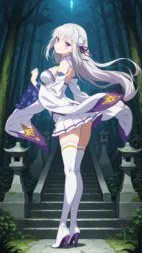 BREAK (masterpiece:1.2), best quality, high resolution, unity 8k wallpaper, (illustration:0.8), (beautiful detailed eyes:1.6),Old moss-covered shrine hidden among trees,
stone lanterns cracked and leaning,
mist curling around ancient steps,
dim light...