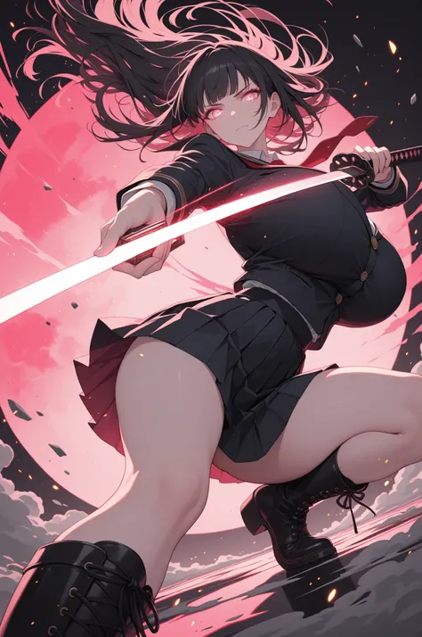 (((Masterpiece))), top Quality, dynamic composition, 1girl, holding katana, unsheathing, school uniform, solo, black hair, looking at viewer, bangs,  fuchsia eyes, long hair, closed mouth, embers, black background, boots, dynamic pose, dutch angle,foreshor...