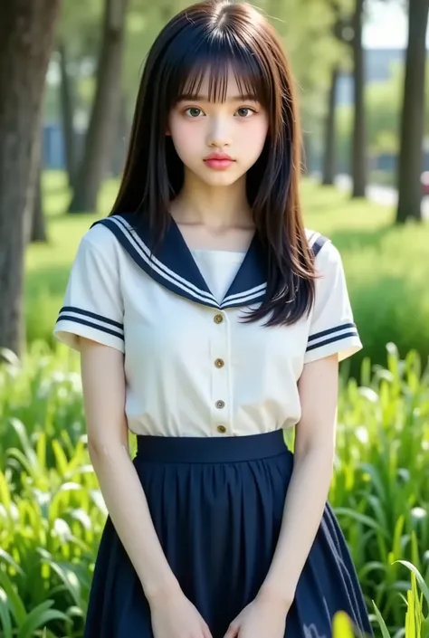 (masterpiece , Highest Quality:1 . 2) , 1girl , Woman , 18 years old、 cute、(white shirt , sailor , navy pleated skirt:1 . 2) idol style、smile、beautiful fresh green park , Full Body、