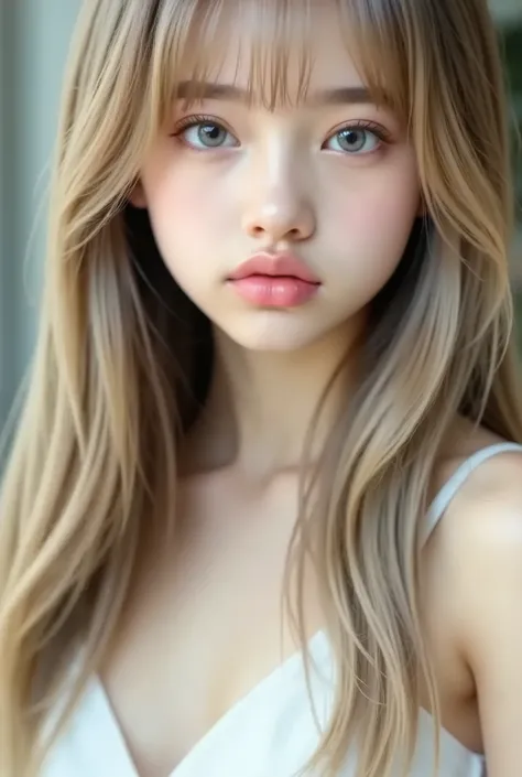 , Shiny transparent white skin 、Wind Blown Hair Disturbs Your Pretty Face、 giant、Cute Sexy Little Beautiful Face of 10 Years Old、Beautiful straight hair that stands out、Iconic , Beautiful blue eyes、Long Soft Bangs Conceals Cute Eyes , Hiding Your Hair wit...