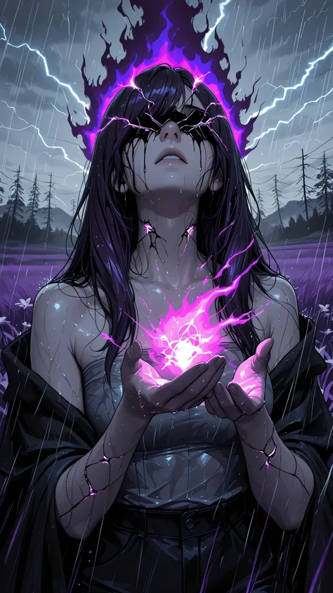 masterpiece, best quality,far perspective prometeus girl , saving fire, hills forrest, purple grass, dark shadows on hands, long hair, tatoos, gray eyes, looking up, shadows over eyes, tired, portrait, action pose, dynamic angle, long swept bangs, straples...