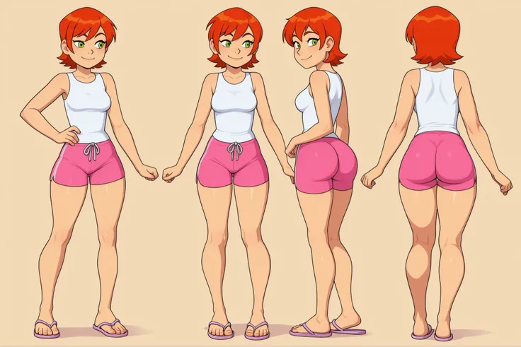 a beautiful 20 years old girl, cute, orange-red medium short hair, green eyes, small-medium size breasts, tall body, big ass, wearing a tight plain white sleeveless top and tight pink shorts with sleepers flip flops, curvy body, thick thighs, cute smile, s...