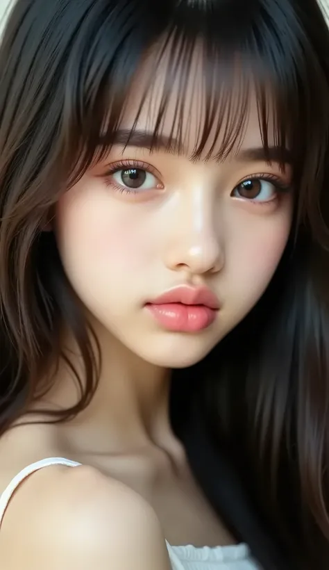 raw , analog style , amazing close-up portraits of young women that make it possible to focus on women , impressive appearance . she's been a long time , fluttering hair , charming gaze , and charming expression . the background should be neutral and sim...