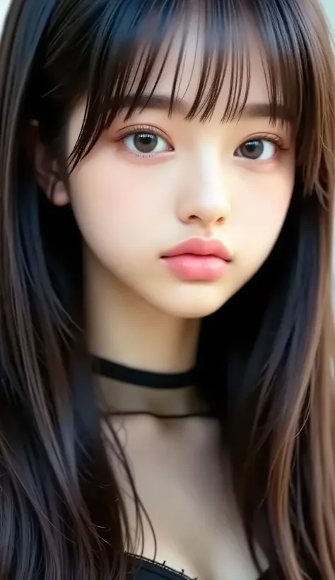 raw , analog style , amazing close-up portraits of young women that make it possible to focus on women , impressive appearance . she's been a long time , fluttering hair , charming gaze , and charming expression . the background should be neutral and sim...