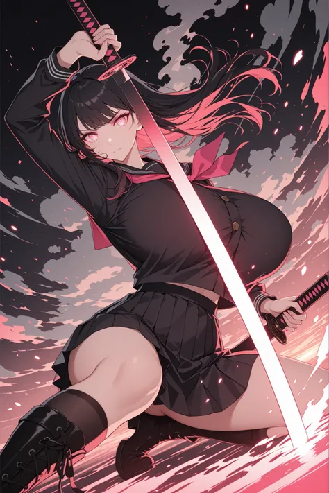 (((Masterpiece))), top Quality, dynamic composition, 1girl, hand on katana, unsheathing, school uniform, solo, black hair, looking at viewer, bangs,  fuchsia eyes, long hair, closed mouth, embers, black background, boots, dynamic pose, dutch angle,foreshor...
