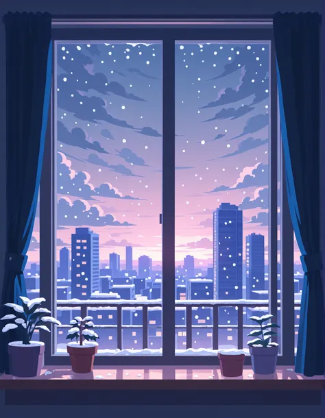 A masterpiece of best quality with ultra-detailed and best shadows depicts a no lineart, flat color, pixpix, 8-bit, pixel_art, limited_palette, , sky, indoors, cloud, no_humans, window, night, cloudy_sky, plant, curtains, building, scenery, snow, snowing, ...