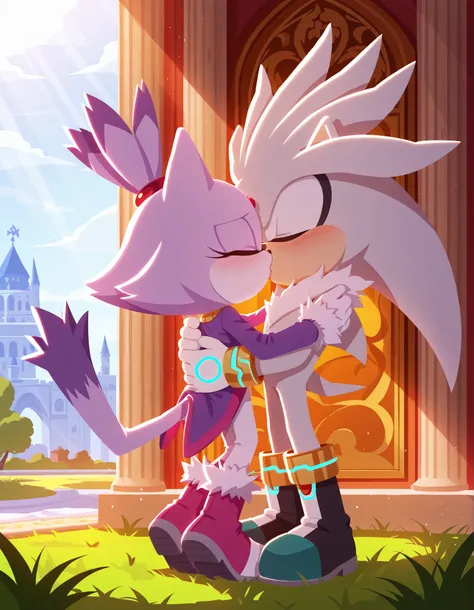 no lineart,, sonic (series), 1girl, 1boy, silver the hedgehog, grey fur, blaze the cat, purple fur, cat tail, kiss, hug, closed eyes, sunlight, grass, full body, blush, topknot, outdoors, palace, sunlight,