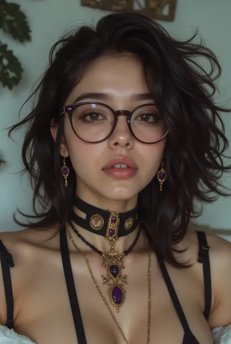 (8ก, highest quality: 1.3), ((((Glasses)))), (Fatal Beauty,A charming villain,witch) ,(A supple and powerful physique),(Sensual charm),(Mysterious charm:1.1),(Captivating silhouette),(highest quality,High resolution:1.2),(dark,Threatening:1.1),Very detaile...