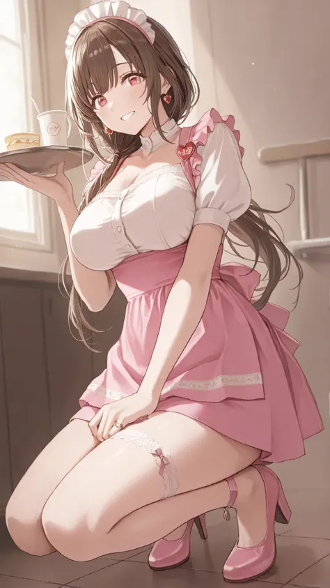 Mature Woman女性, Housewife, she closes her mouth、smiles softly in front of people,full body,kind eyes, brown hair, low long hair, pink waitress costume__ very short skirt ,Open your thighs slightly and crouch down、is on one knee,White lace panties watching,...