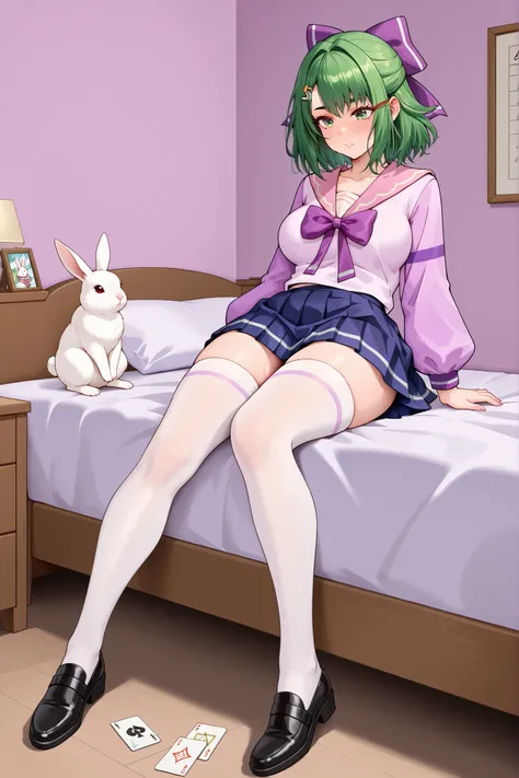 sxy5tyle, masterpiece after sex, best quality, high quality, Amazing Quality, Highly detailed, 1 girl,  solo, Venus body, rabbit, 1 girl,  solo, ,Portrait, focus on your face, front view， short green hair ，Green Eyes，purple bow，Hairpin，purple and yellow sa...