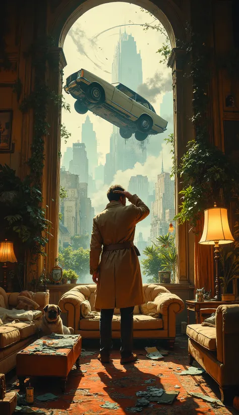 A cinematic, large-format, detailed, photorealistic shot from a 1970s movie. Lieutenant Columbo, in his trademark baggy rumpled beige trench coat, stands in the center of the luxurious, sun-drenched living room of an Art Deco penthouse. He looks deeply con...